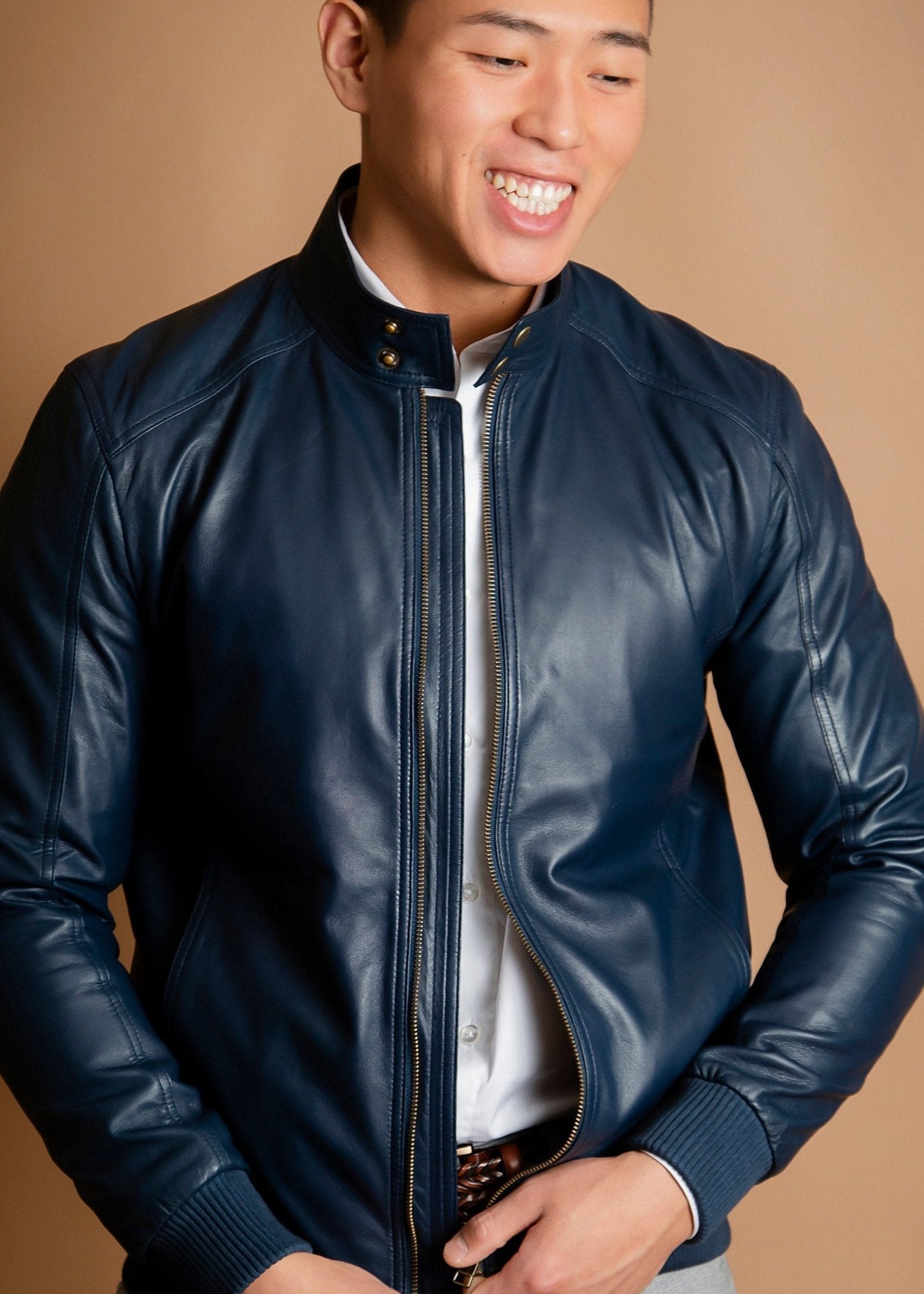 Mens Blue Leather Bomber Jacket by Finest Leathers