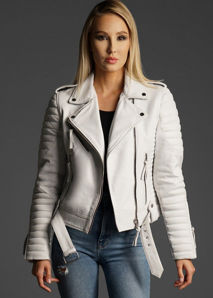 Women's White Leather Moto Jacket | Heavy Duty Chrome