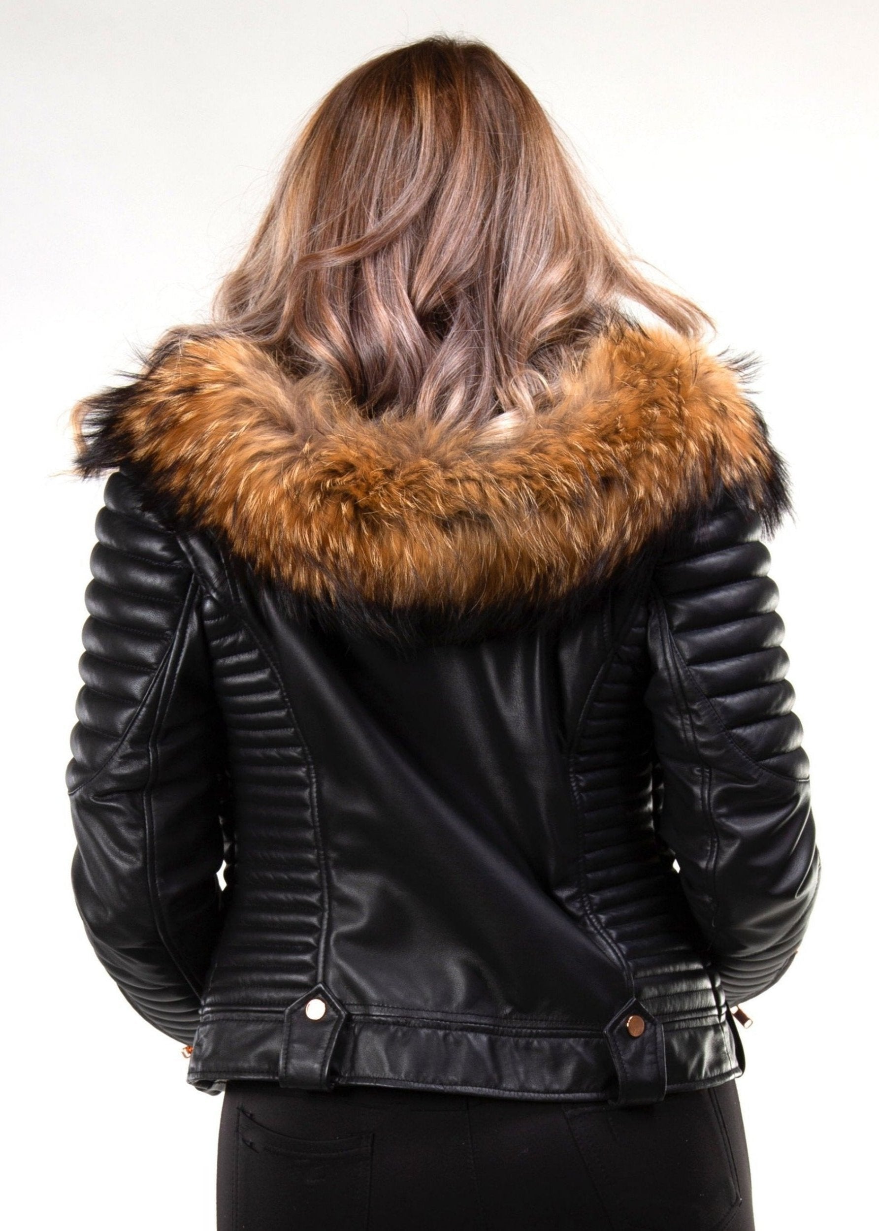 Women's Black Leather Moto Jacket | Removable Hood and Fur | Rose