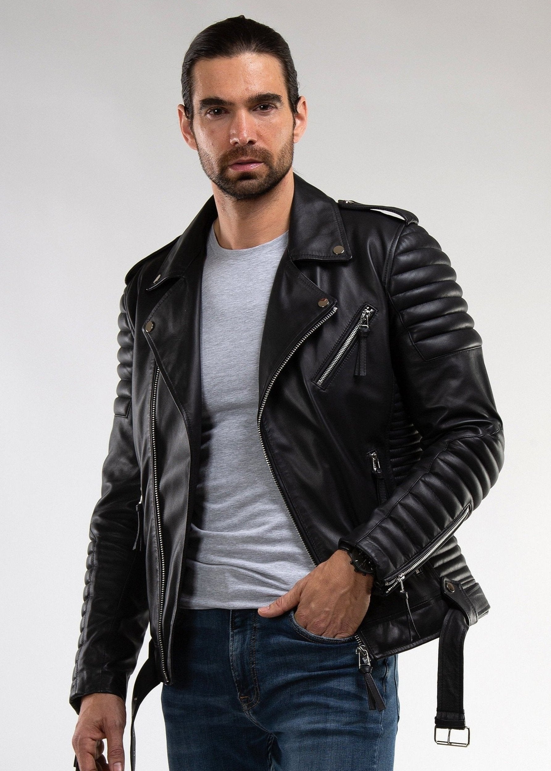 Mens Black Leather Moto Jacket | Heavy Duty Chrome Zippers