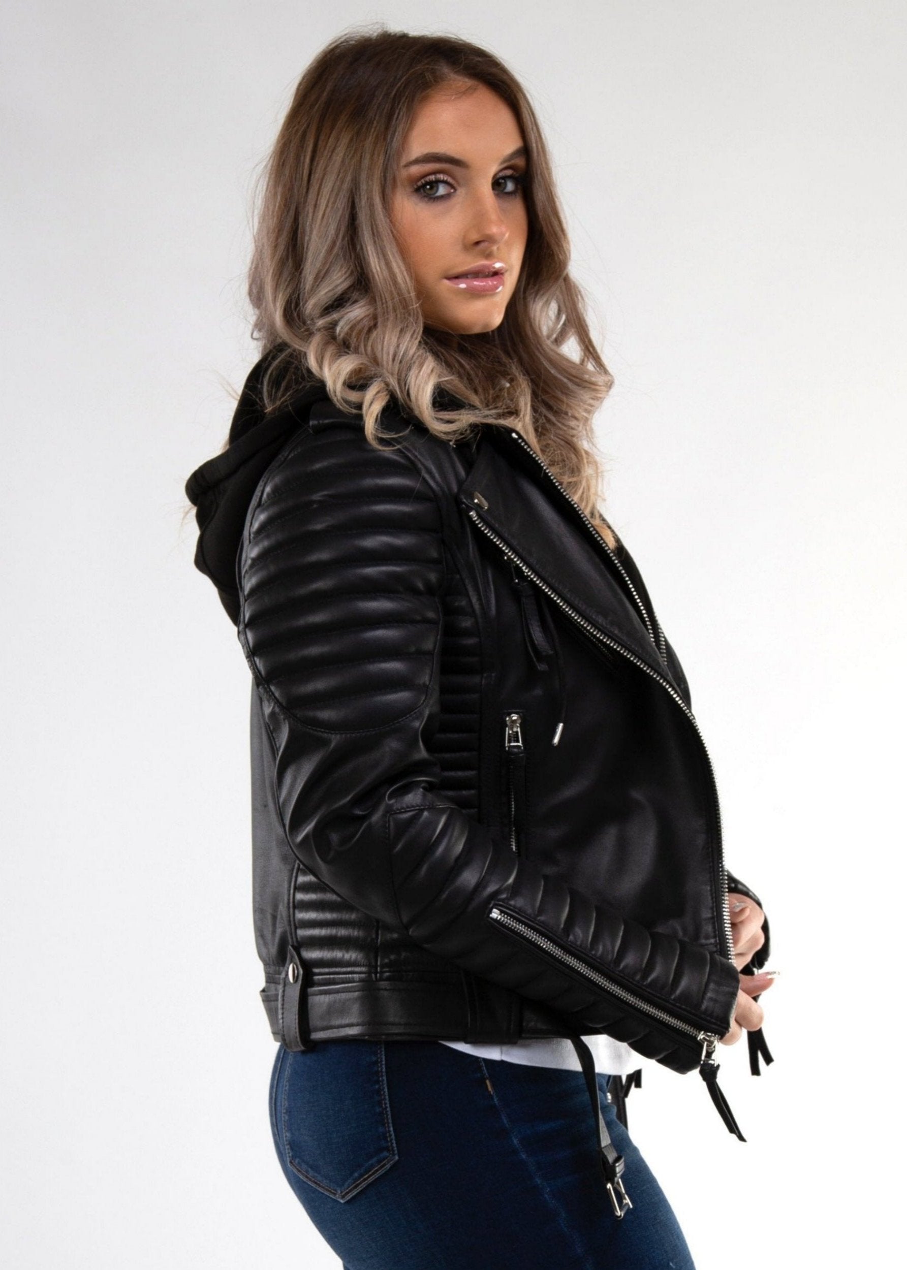 たろー　レディース　BLK M Women's Black Leather Moto Jacket | Removable Hood | Heavy Duty