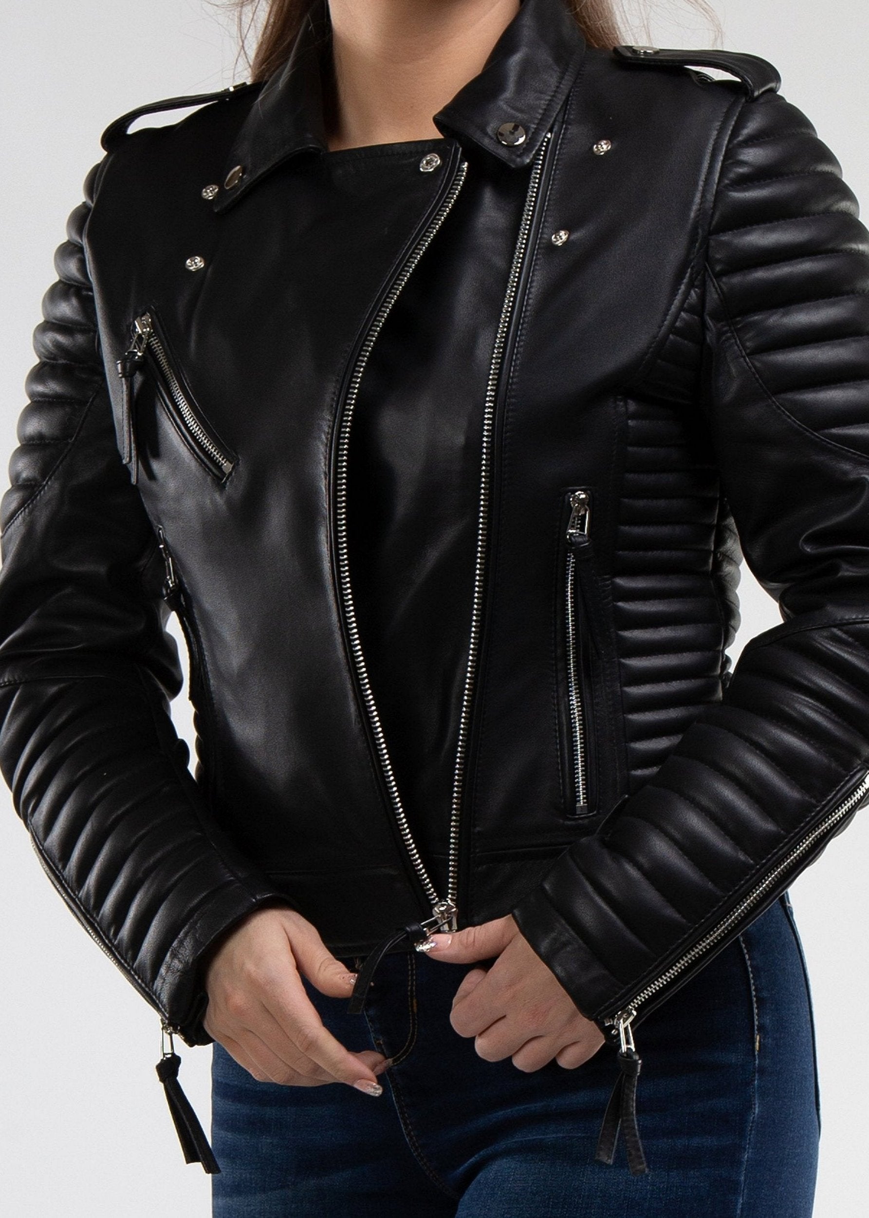 Women's Black Leather Moto Jacket | Heavy Duty Chrome